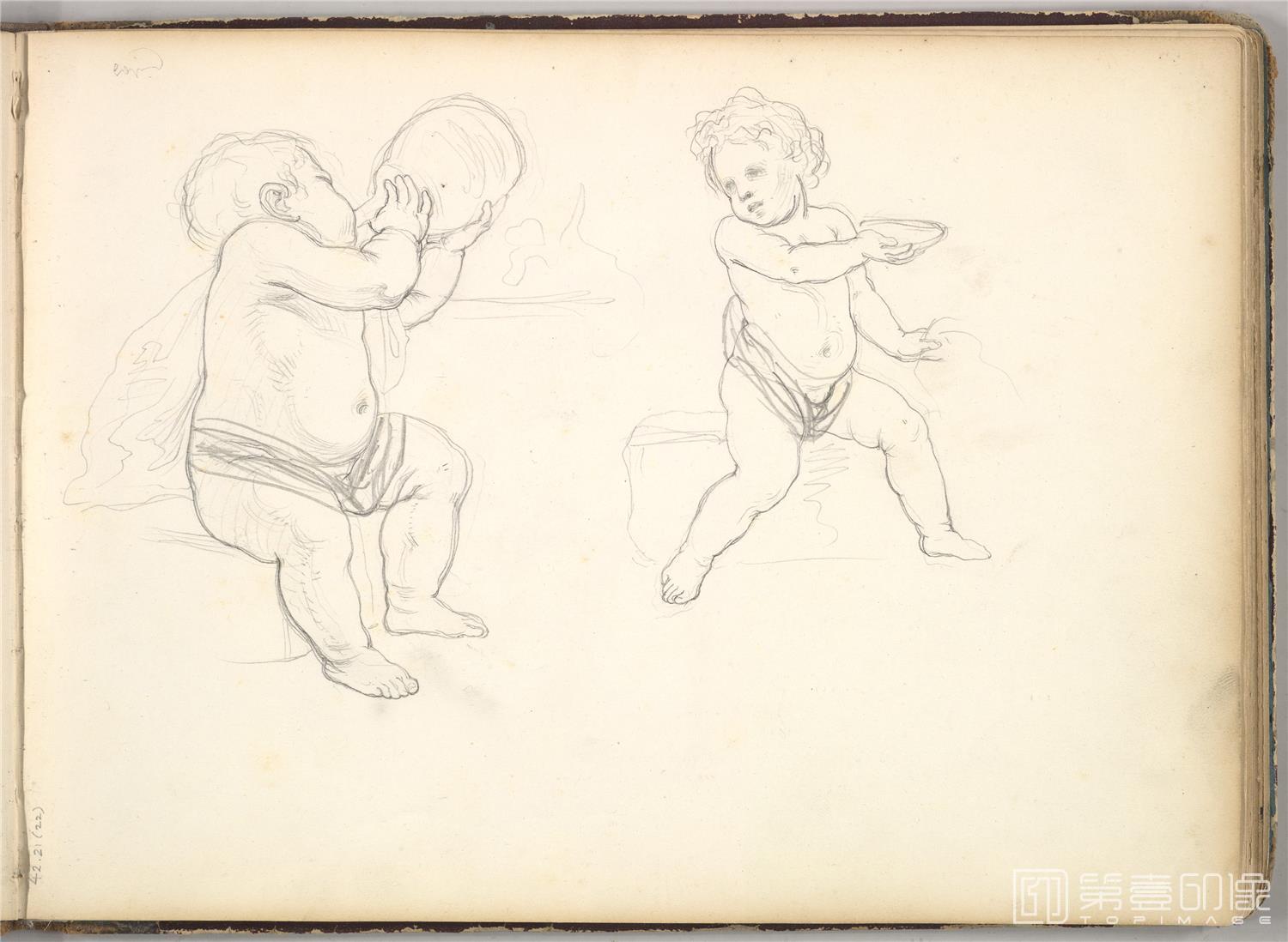 素描-美国纽约大都会美术馆素描藏画-Frederic LeightonTwo Children-0726